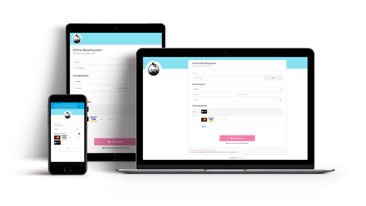 Rollorama Showcase Bezahlsystem Ansicht auf Laptop Ipad und Iphone