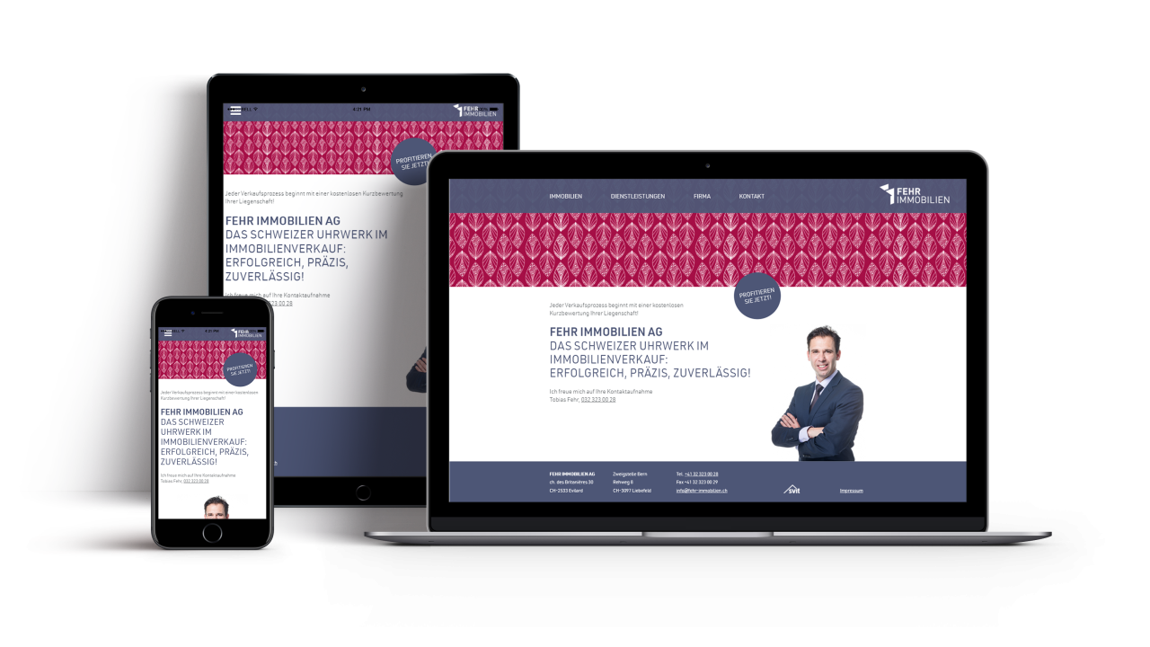 Fehr Immobilien Showcase Ansicht Startseite Fehr Immobilien auf Laptop Iphone und Ipad