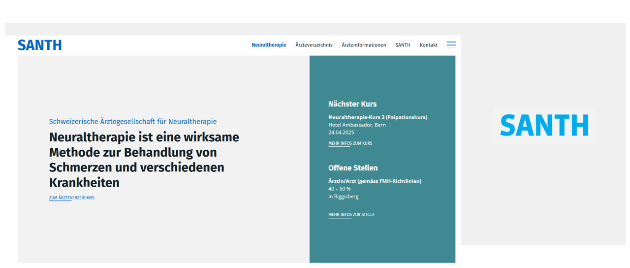 Startseite Webseite Schweizerische Ärzte­gesellschaft für Neural­therapie mit Titel Anzeige nächster Kurs und offene Stellen Link zu Ärzteverzeichnis