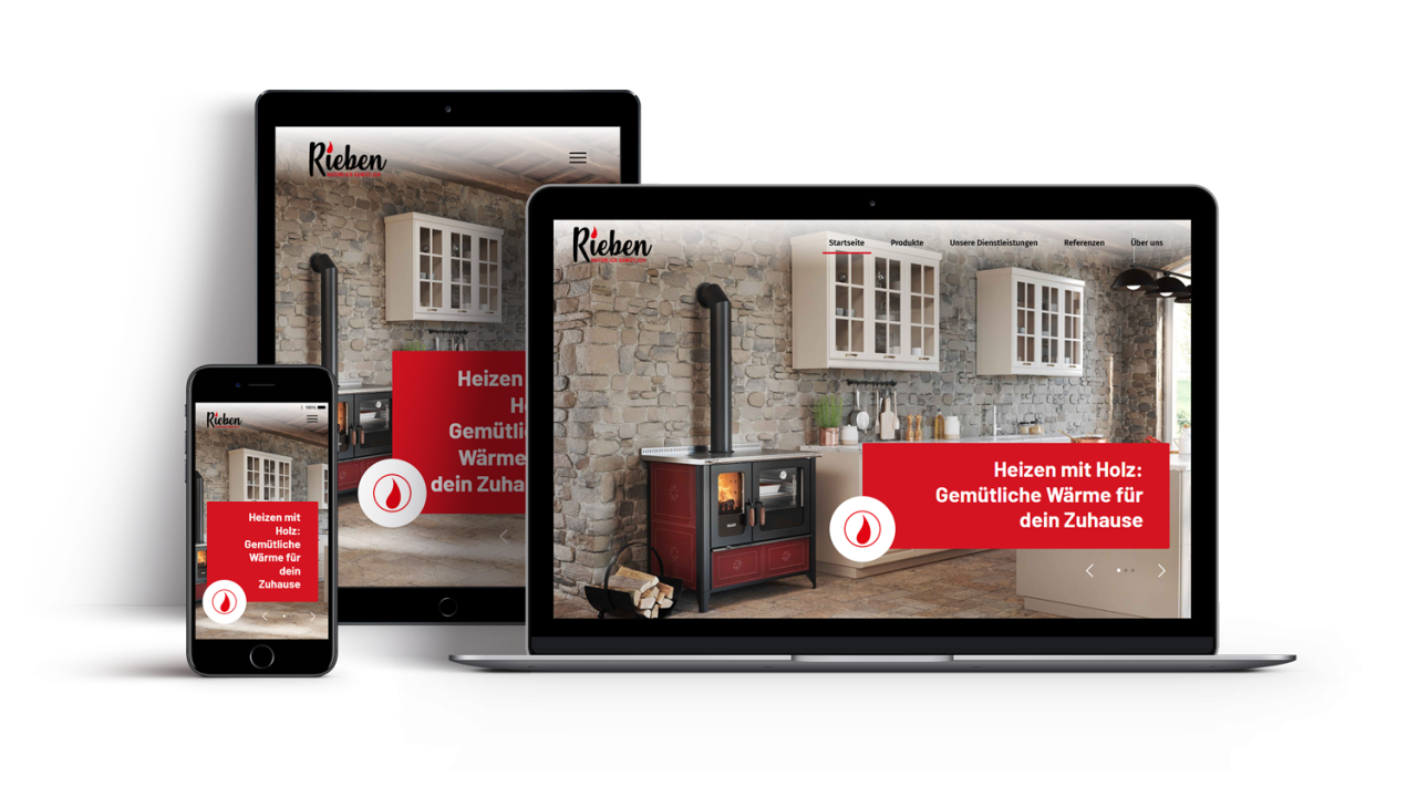 Rieben Ofen showcase Ansicht Startseite auf Laptop Handy und Ipad