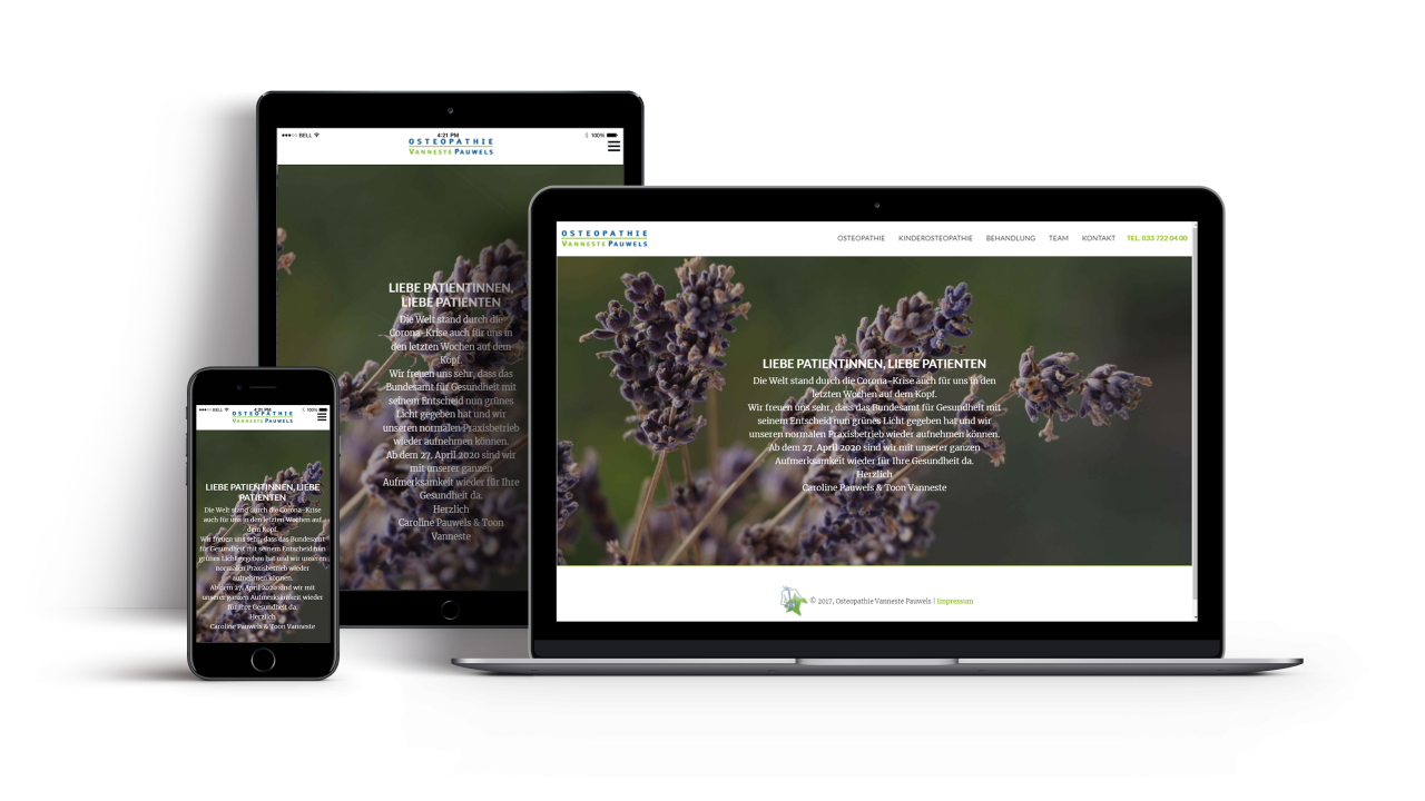 Showcase Webseite Osteopathie Vanneste Vorschau Startseite auf Ipad Iphone und Laptop