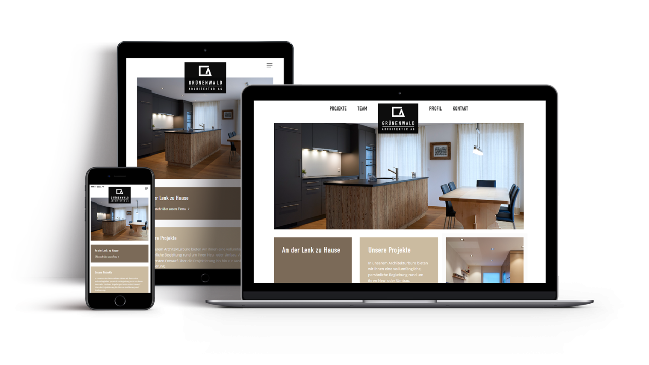 Grünenwald Webseite showcase Ansicht Startseite auf Laptop Handy und Ipad