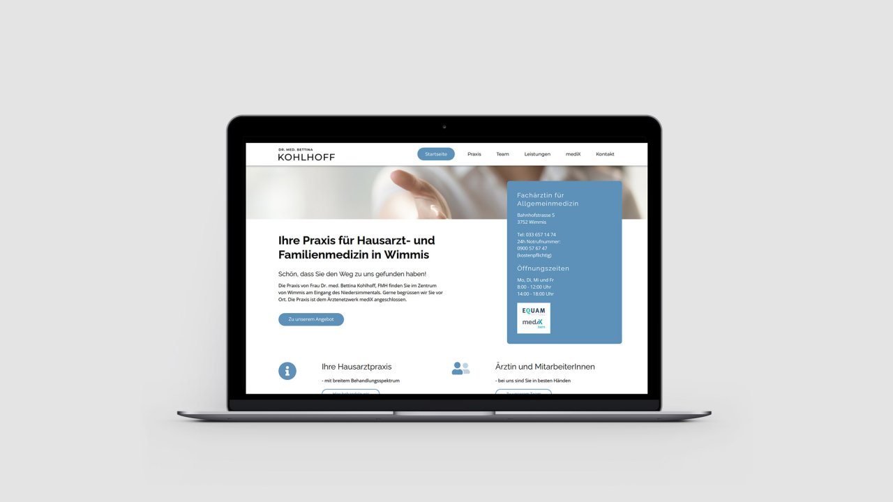 Referenz Praxis Kohlhoff Wimmis Vorschau Webseite auf Laptop