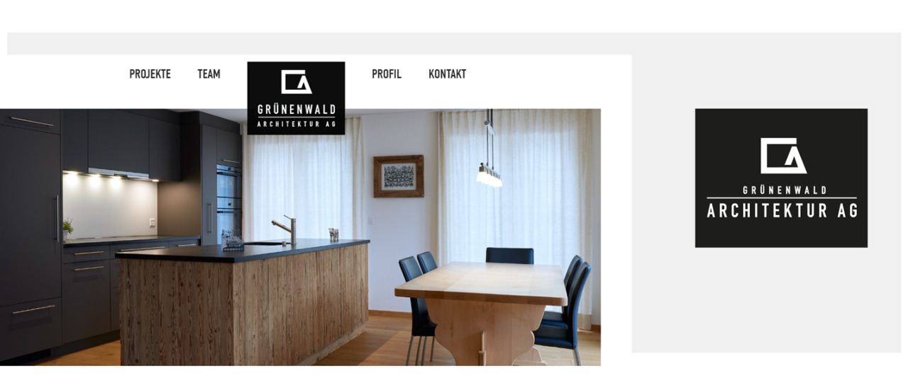 Startseite Webseite Grünenwald Architektur AG Lenk mit Logo und Bild Küchenneubau