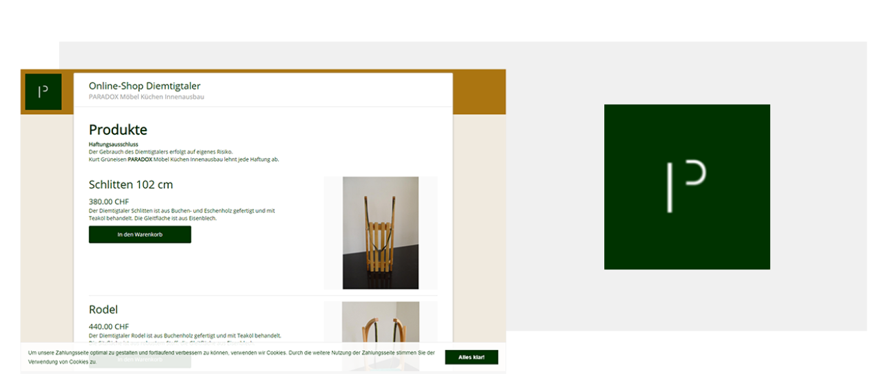 Webseite Vorschau Diemtigtaler Shop und Logo Paradoxx